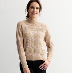 MNK Women’s Delicate Lace Panel Mock Neck Sweater Tan Dusty Rose Size Large NEW